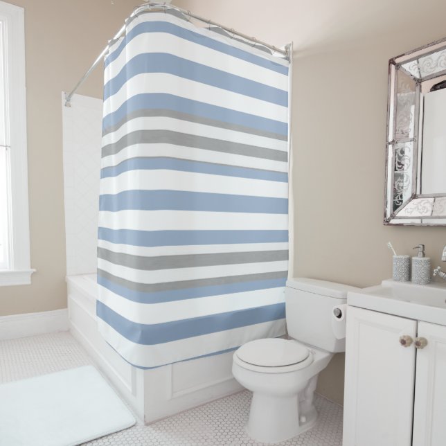 Shower Curtain Stripe Blue & White Grey (In Situ)