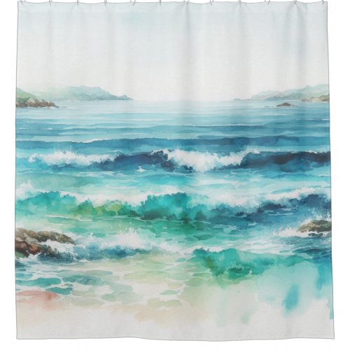 Shower Curtain Teal Ocean Waves Beach Watercolor 