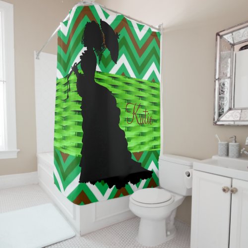 Shower Curtain Victorian Woman Green Chevron