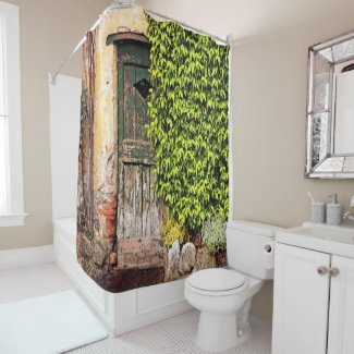 SHOWER CURTAIN /VINE-COVERED WALL AND RUSTIC DOOR