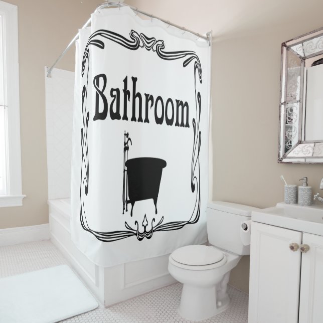 Shower curtain vintage bathroom tub black white (In Situ)