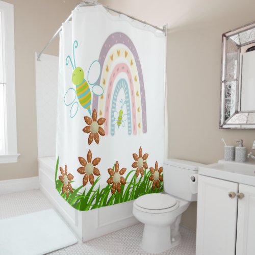 Shower Curtain Watercolor Bumblebee Grass