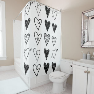 Shower Curtain White and Black Hearts