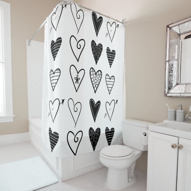 Shower Curtain White and Black Hearts (In Situ)