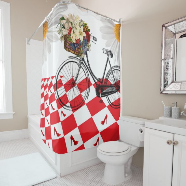 Shower Curtain White Daisy Red Checkered Heels (In Situ)
