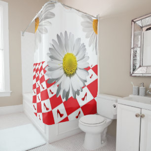 Shower Curtain White Daisy Red Checkered Heels