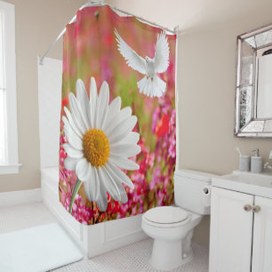 Shower Curtain White Dove Daisy Pink Floral