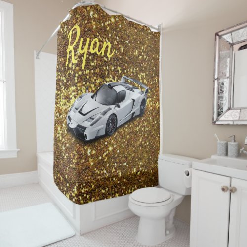 Shower Curtain White Racecar Gold