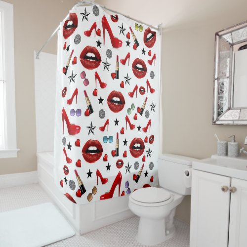 Shower Curtain White Red Lipstick Heels Hearts