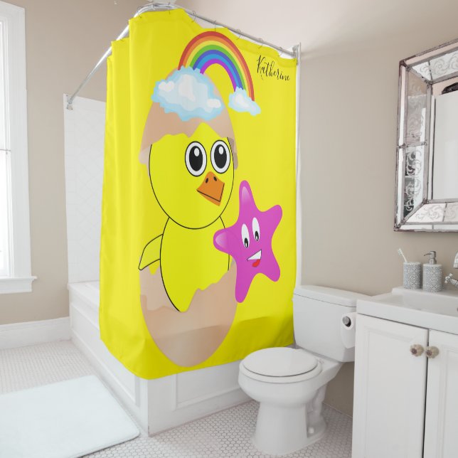Shower Curtain Yellow Chick Rainbow (In Situ)