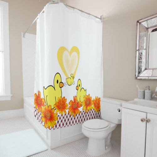 Shower Curtain Yellow Ducks Floral Hearts 