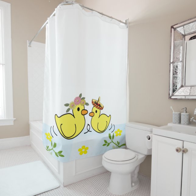 Shower Curtain Yellow Ducks Sombrero Floral (In Situ)