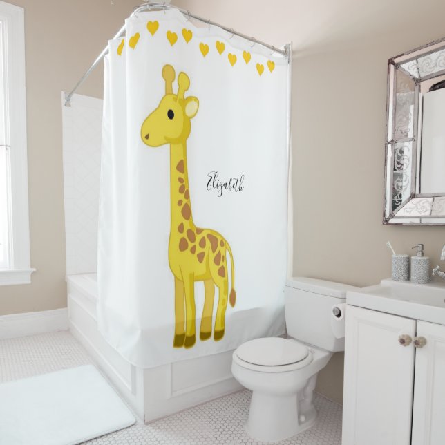Shower Curtain Yellow Giraffe Hearts (In Situ)