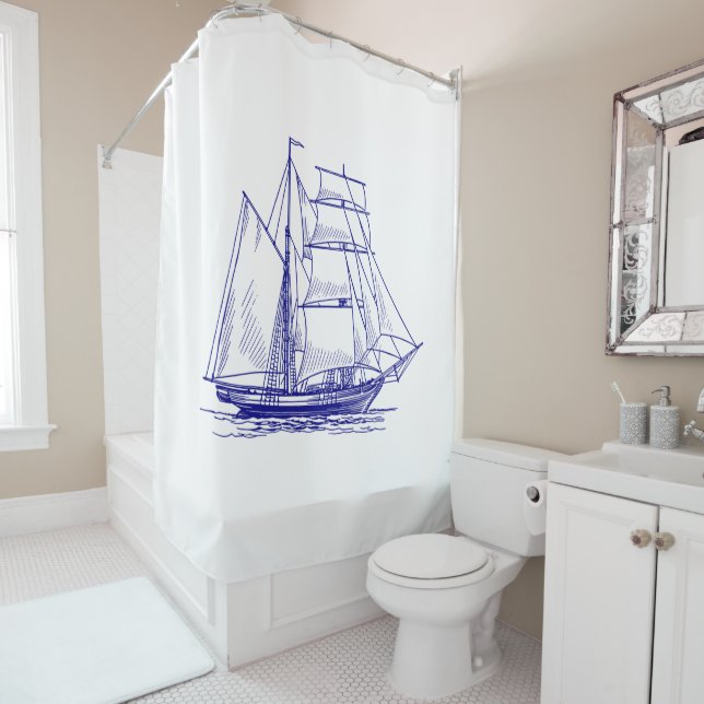 shower curtian chic nautical blue sailing ship  shower curtain (In Situ)