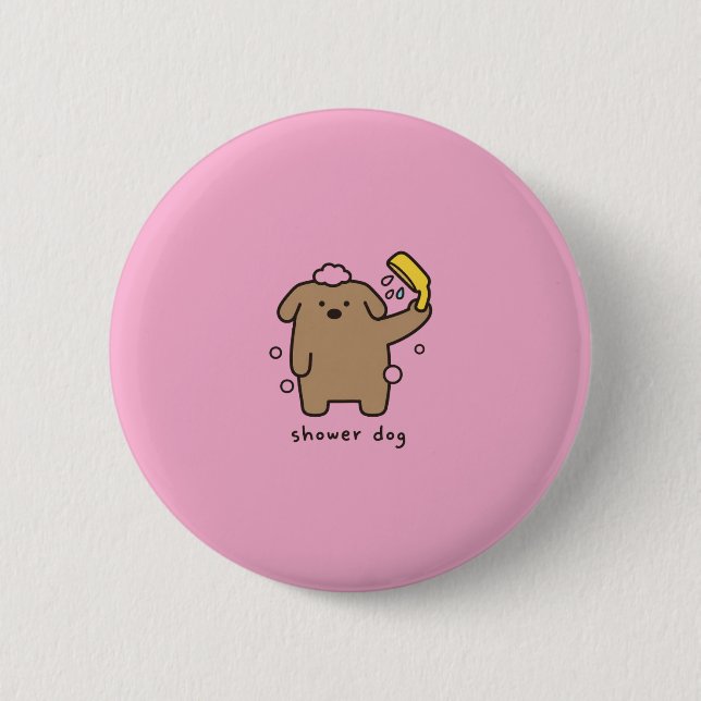Shower Dog Brown Poodle Bath Time Kawaii Button (Front)
