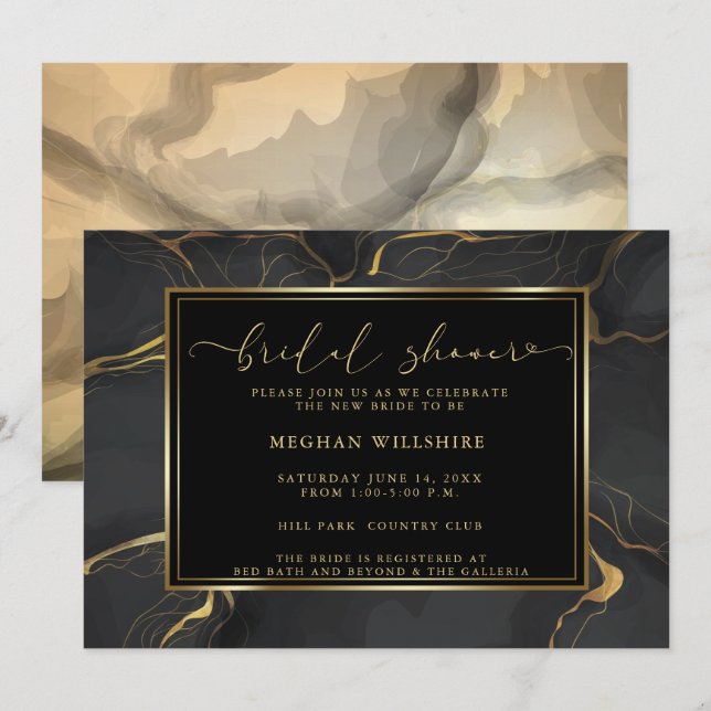 SHOWER | Elegant Black and Gold Marble Invitation (Front/Back)