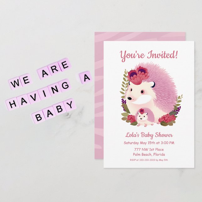 Shower Invitation -Mommy and Baby Girl Hedgehogs (Baby Shower Girl Invitation)