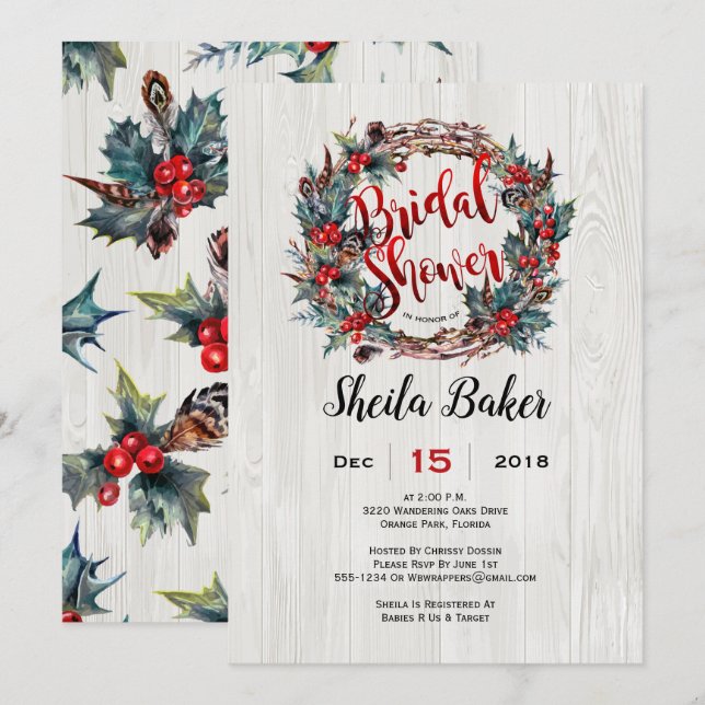 Shower Invitations, Holiday Invitation, Wreath Invitation (Front/Back)