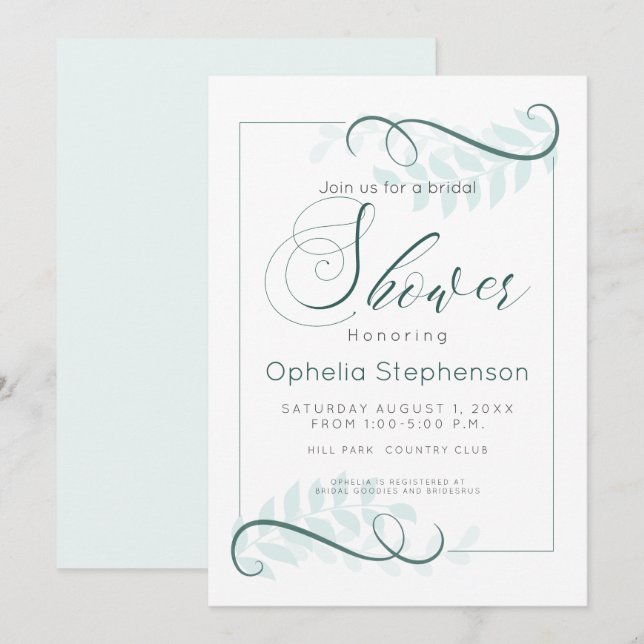 Shower Modern Mint Leaves Jade Accents Invitation (Front/Back)