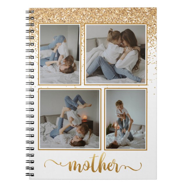 Shower of Gold Glitter 4 Photo Collage New Mom Notebook (Front)