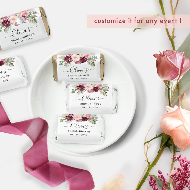 Shower or Other Event, Burgundy Blush Pink Floral Hershey's Miniatures (Creator Uploaded)