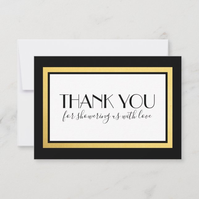 Shower Thank You Note Card, Black White Gold (Front)