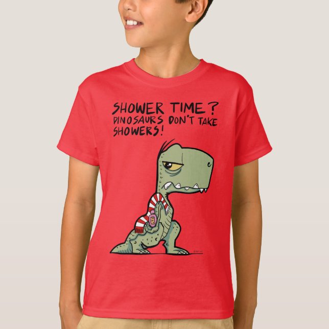 Shower Time? Funny Green T-Rex Dinosaur Cartoon T-Shirt (Front)