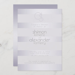 Shower Violet Silver Shimmer Stripes Monogram Invitation