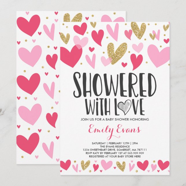 Showered With Love Baby Shower Invitation Hearts (Front/Back)