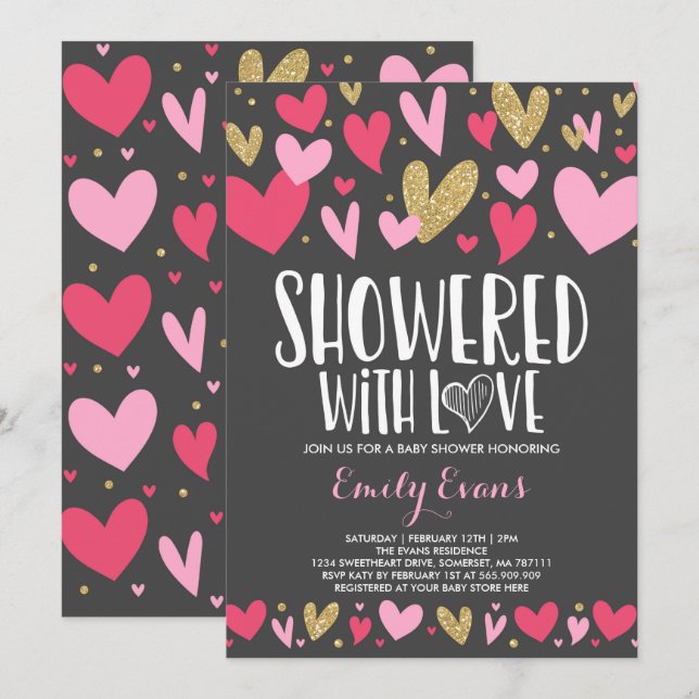 Showered With Love Baby Shower Invitation Hearts (Front/Back)