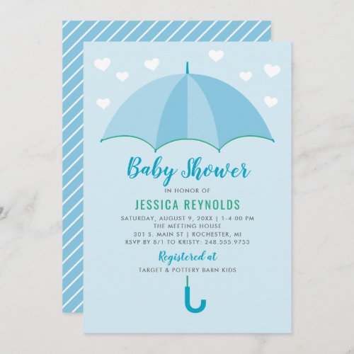 Showered with Love Blue Umbrella Boy Baby Shower Invitation