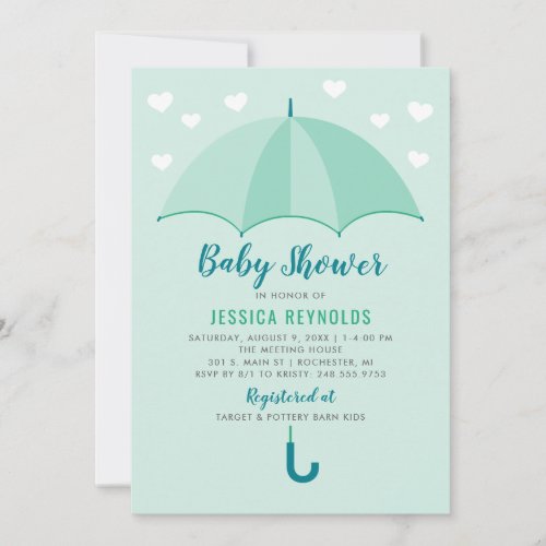 Showered with Love Mint Green Umbrella Baby Shower Invitation