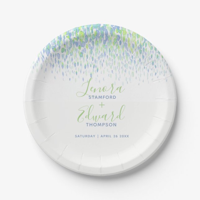 Showering cascade blue green art wedding paper plates (Front)
