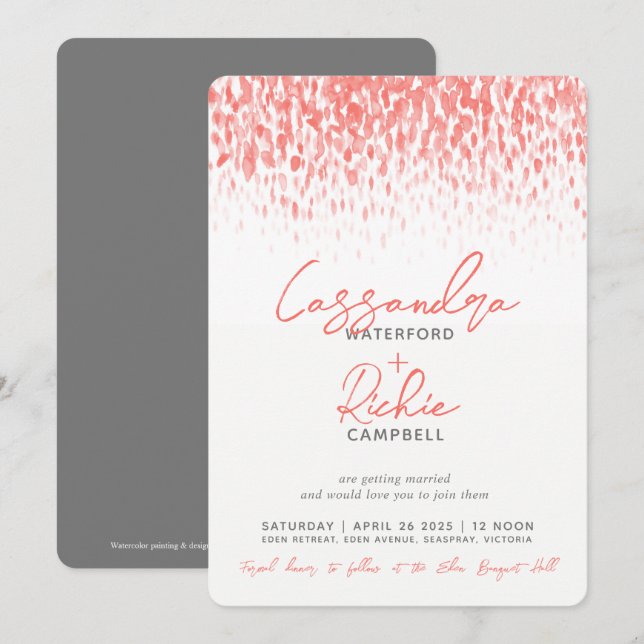 Showering cascade living coral gray art wedding invitation (Front/Back)