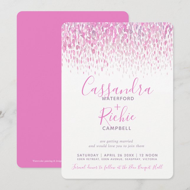 Showering cascade pink purple gray art wedding invitation (Front/Back)