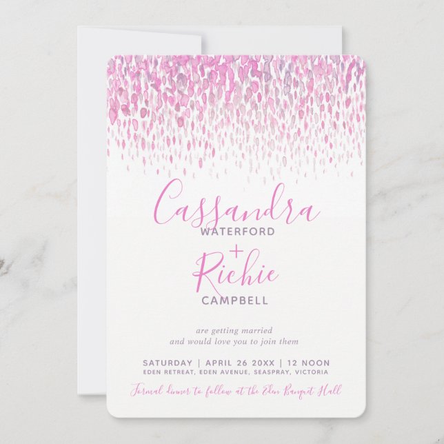 Showering cascade pink purple gray art wedding invitation (Front)