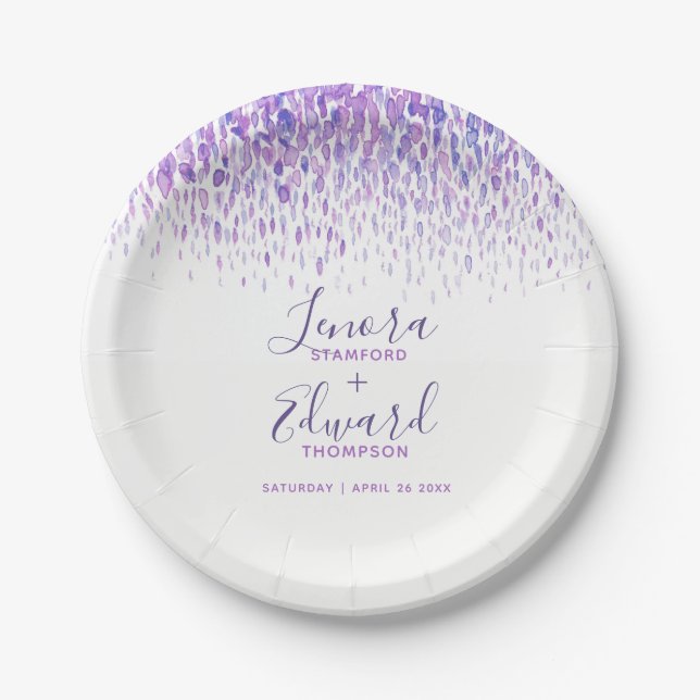 Showering cascade purple watercolor art wedding paper plates (Front)