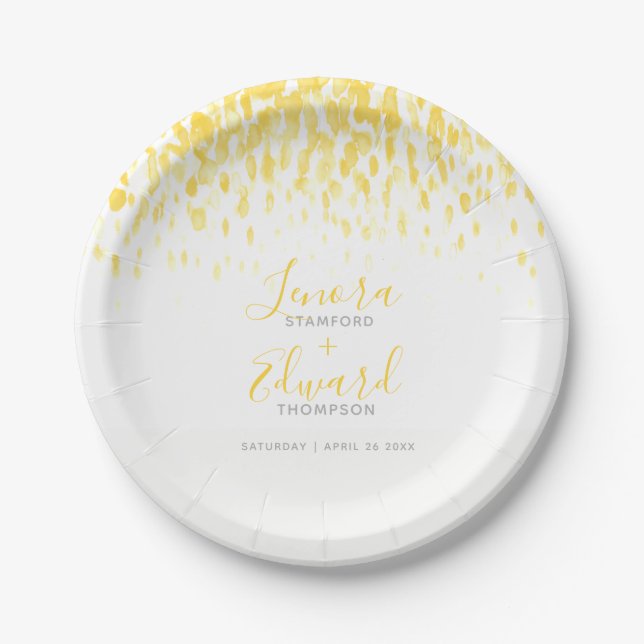 Showering cascade yellow gray art wedding paper plates (Front)