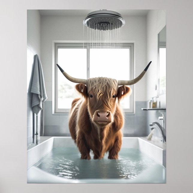Showering Scottish Highland Cow Bathroom Art Print (Front)