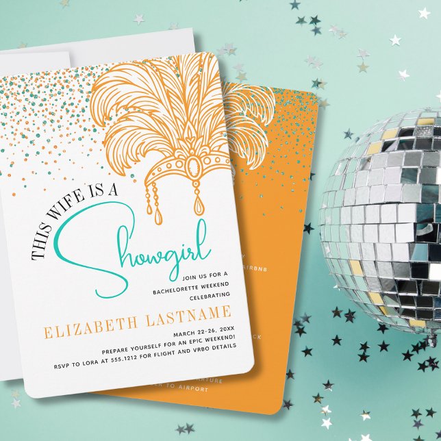 Showgirl Bride Era Orange Teal Bachelorette Party Invitation (Showgirl Bride Era Orange Teal Bachelorette Party Invitation)