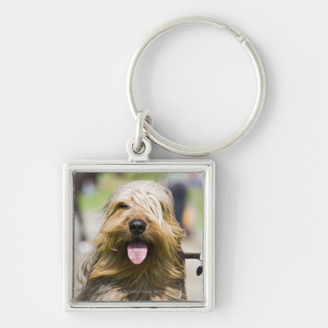 showing tongue, long hair, portrait keychain (Front)