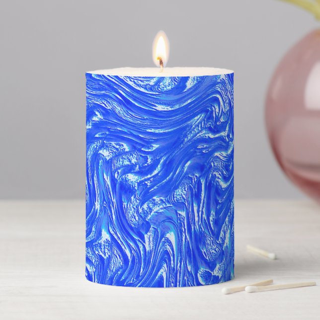 Showy curved to grainy traces,clear blue texture  pillar candle (In Situ)