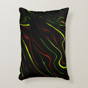 Showy green and red long wavy traces on black fund accent pillow