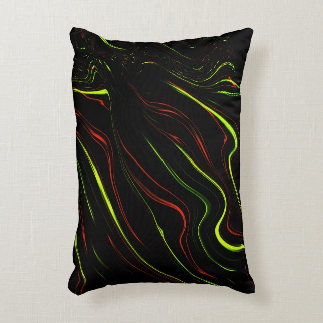 Showy green and red long wavy traces on black fund accent pillow (Front(Vertical))
