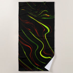 Showy green and red long wavy traces on black fund beach towel