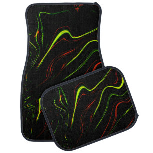 Showy green and red long wavy traces on black fund car floor mat