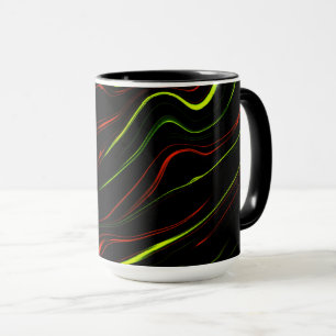 Showy green and red long wavy traces on black fund mug