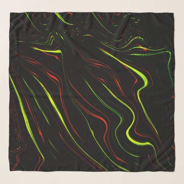 Showy green and red long wavy traces on black fund scarf (Front (Horizontal))