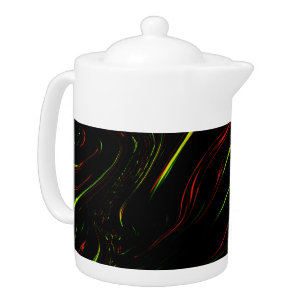 Showy green and red long wavy traces on black fund teapot