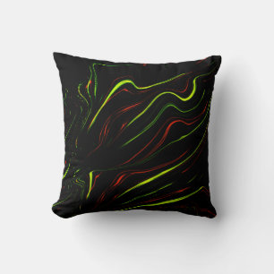Showy green and red long wavy traces on black fund throw pillow